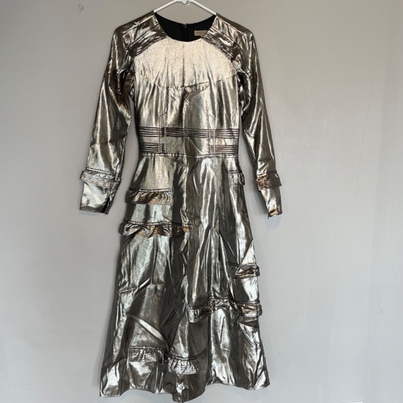 NWT Burberry Long-Sleeve Gold Metallic Ruffle-Trim Dress size US 2 - Picture 7 of 16